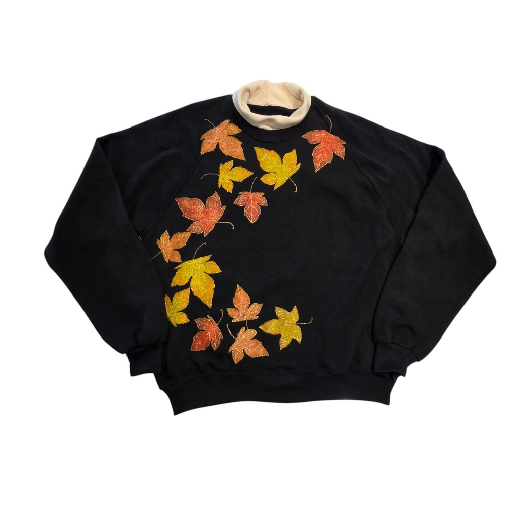 VTG Womens Sweatshirt Black Autumn Fall Leaves Leaf Glitter Mock Neck 2XL